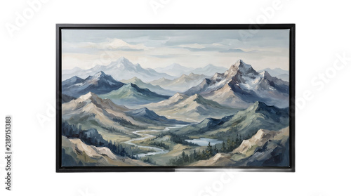 Vintage mountain landscape oil painting in black frame, scenic alpine valley wall art, rustic nature canvas with peaks and river