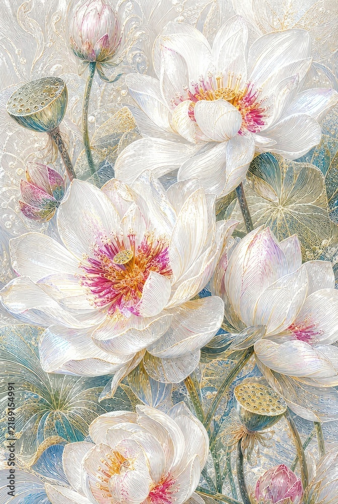 Obraz premium Elegant white lotus flowers in dreamy decorative illustration