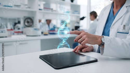Doctor Touching Holographic DNA Strand Above Tablet, Medical Genetics and Research Technology Concept