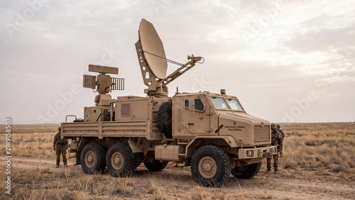 Military vehicle equipped with modern radar technology stands stationary in an open field.