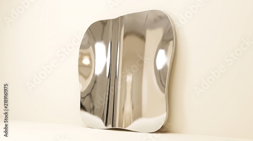 Abstract metallic sheet with a reflective, fluid surface, creating distorted mirror-like reflections in a modern studio environment for aesthetic design concepts
