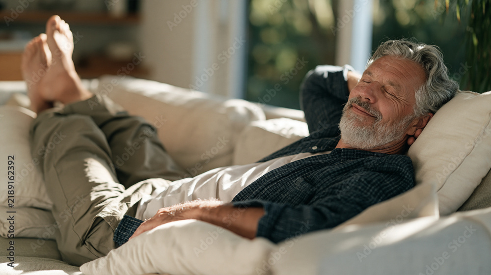 Fototapeta premium Man with silver hair and a beard lying on a sofa with both legs propped high on stacked pillows, visibly swollen feet and ankles, gravity-assisted edema relief, resting at home,