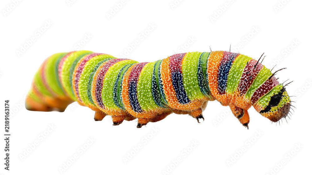 Fototapeta premium Rainbow striped caterpillar with vivid segmented body isolated