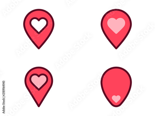 Set of Four Minimalist Red Heart Map Pin Icons for Location Based Social Media and Romantic Travel Destination Notification Alerts