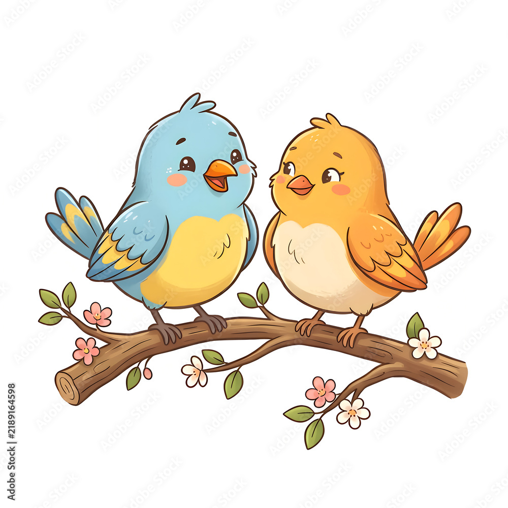 Fototapeta premium Two cute little bird sitting on blossoming tree branch 