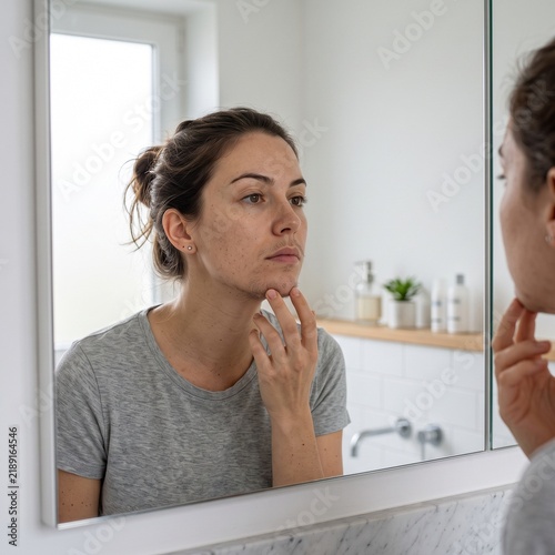 Woman Examining Facial Hair in Mirror, Hirsutism and Hormonal Health Concept