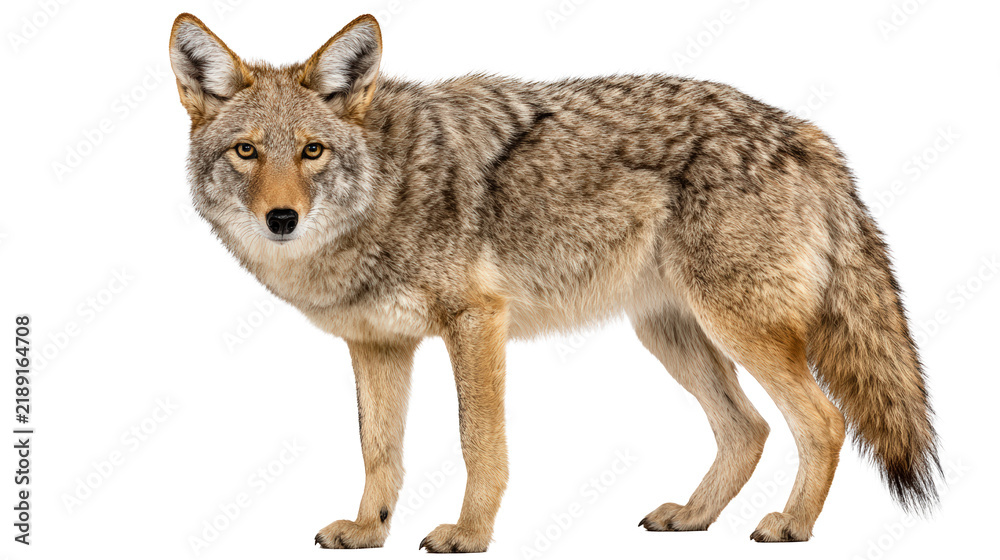 Fototapeta premium Wild coyote standing in side profile isolated on white background