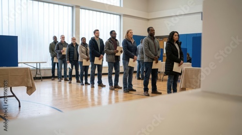Diverse group of people standing in a line waiting to vote at a polling station