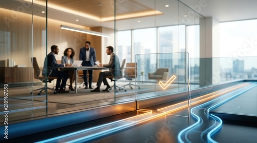 Human approval checkpoint in corporate workflow with glass gate, glowing process paths, checkmark and business meeting in modern office
