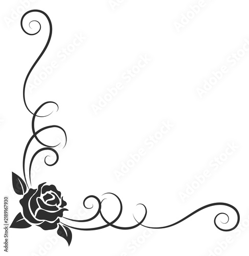 Floral corner. Calligraphic border with rose flower drawing