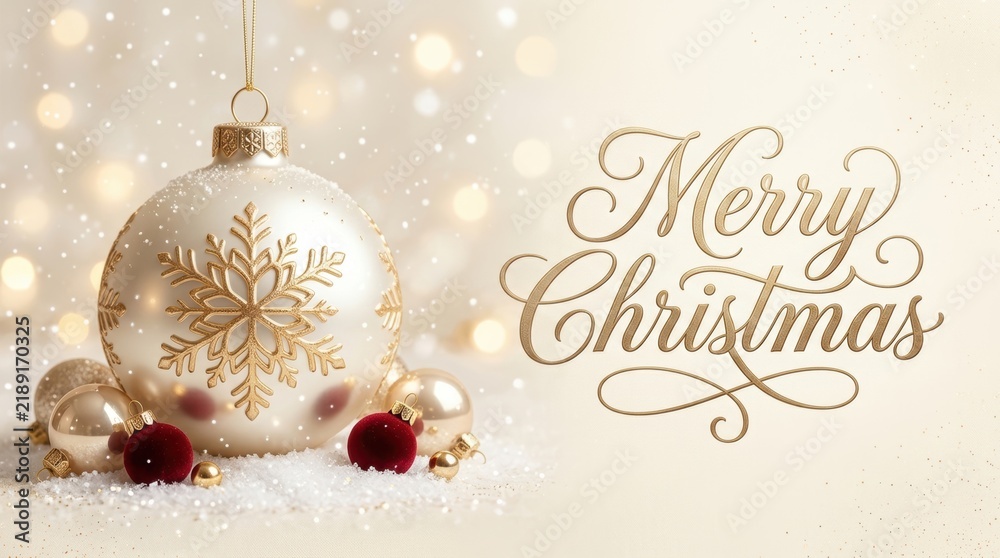 Fototapeta premium Elegant Merry Christmas greeting with festive ornaments and bokeh lights
