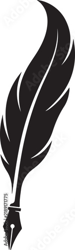 Fountain pen quill vector silhouette with elegant curved feather for stationary brand.