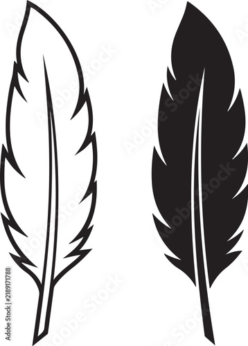 Pair of minimalist feather shapes featuring outline and solid styles for graphic design.