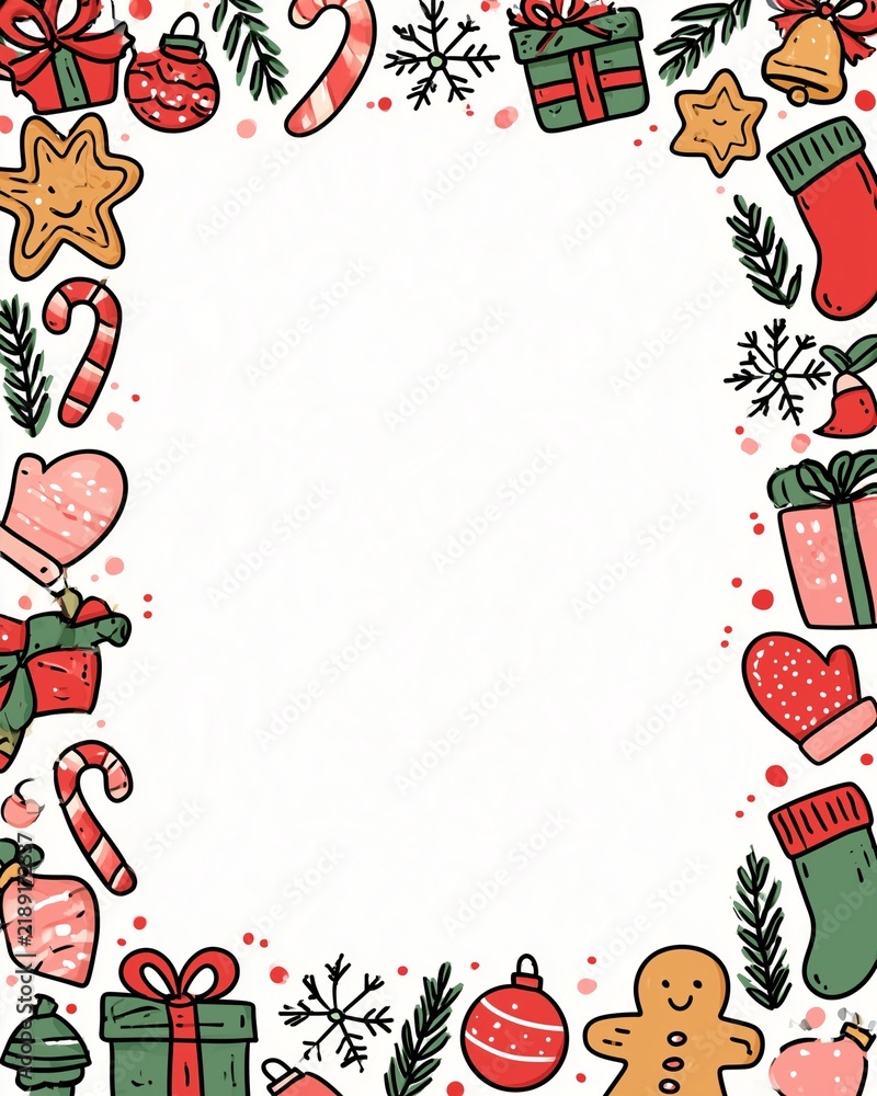 Fototapeta premium Cute Hand Drawn Christmas Frame with Gifts, Candy Canes, Gingerbread, Stockings and Snowflakes with Large Copy Space