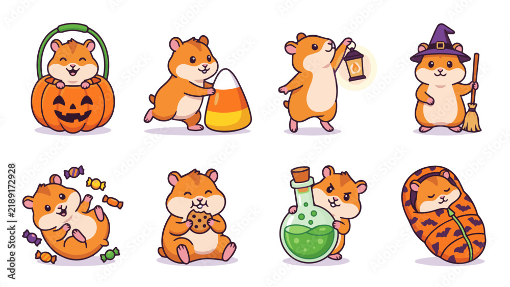 Fototapeta premium Halloween Hamster Mascot Character Set Vector Illustration, Candy Corn Lantern Cookie Potion Cute Flat Design Isolated