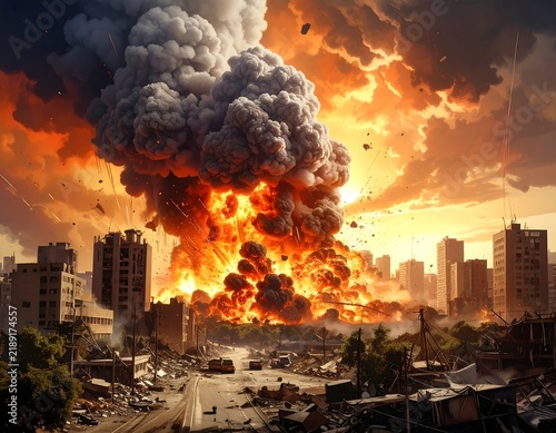 Massive city explosion with towering smoke and fire consuming urban buildings. Perfect for disaster movies, crisis management concepts, and apocalyptic scenarios.
