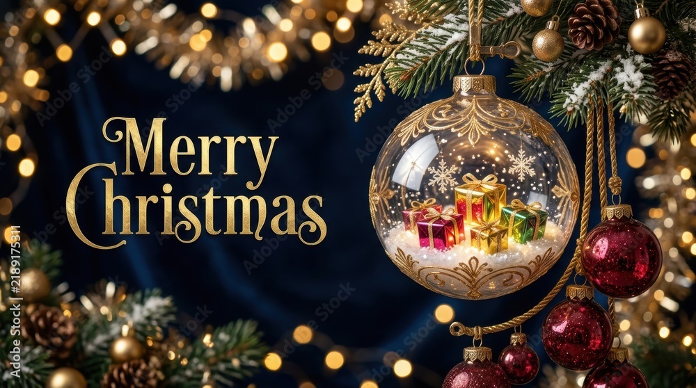 Fototapeta premium Elegant Merry Christmas greeting with festive ornaments and glowing lights
