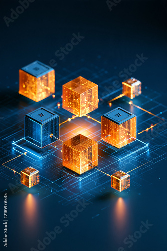 Tapety artystyczne autonomous AI agent coordinating multiple workflow nodes across a luminous network, dark blue technology background, 3D illustration
