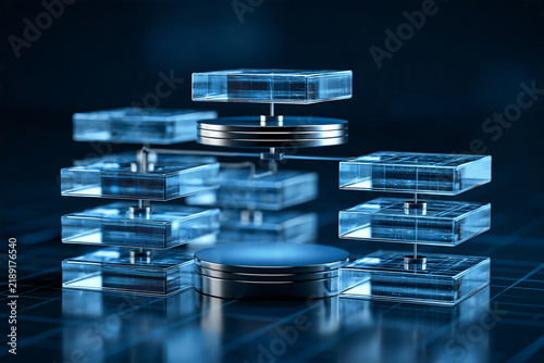 Naklejka autonomous AI agent coordinating multiple workflow nodes across a luminous network, dark blue technology background, 3D illustration