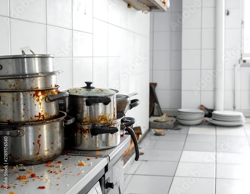 A messy kitchen counter piled high with dirty pots and food scraps. Ideal for illustrating household chores, restaurant sanitation issues, and domestic chaos.