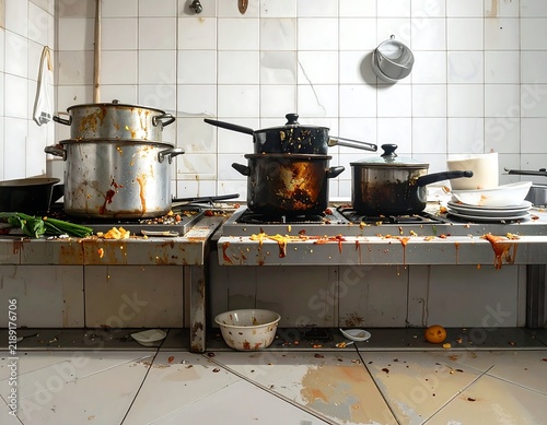 A very messy domestic kitchen filled with dirty pots, pans, and food spills on the counters. Ideal for housekeeping, cleaning services, and chaotic lifestyle concepts.