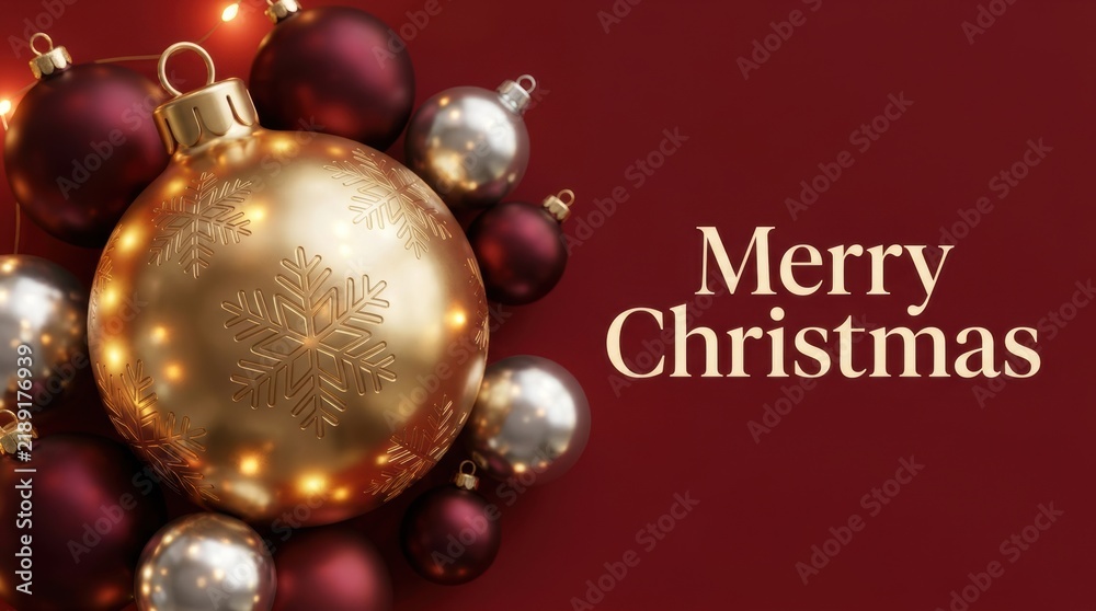 Fototapeta premium Elegant Merry Christmas greeting with festive ornaments and warm lights