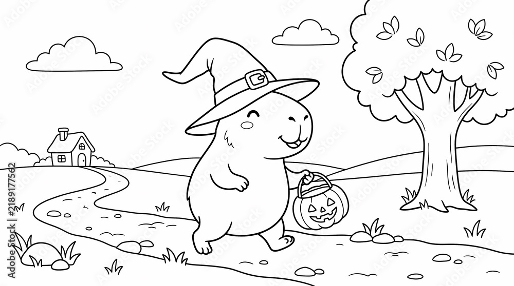 Fototapeta premium Cute capybara wearing a witch hat trick-or-treating on a path in a countryside landscape coloring page