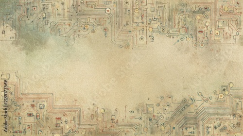 vintage watercolor electronics background, repeating subtle patterns of resistors, capacitors, copper wires and old circuit traces, hand painted