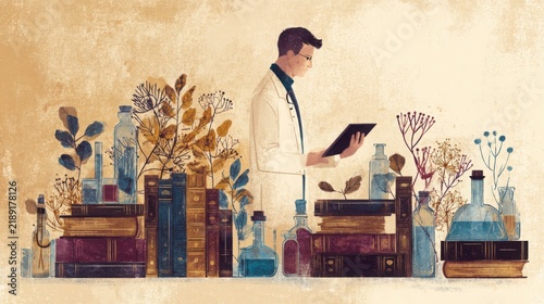 vintage watercolor illustration of a doctor communicating through a modern tablet while surrounded by antique medical books, glass medicine bottles