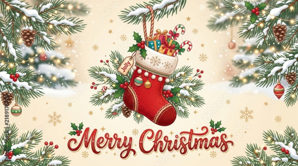 Fototapeta premium Festive Christmas stocking filled with gifts and candy canes on a snowy pine branch
