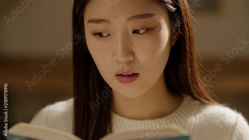 A close-up shot of a young woman absorbed in reading a book, soft lighting