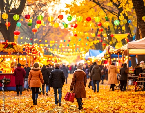 Crowd of people walking through a vibrant autumn festival fair in a park decorated with colorful paper lanterns and golden foliage. Ideal for seasonal events and community marketing concepts.