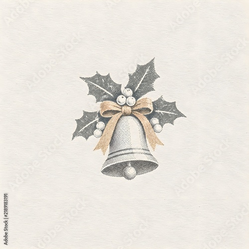 A bell with holly, risograph-style illustration, monochrome white and silver with pale wood