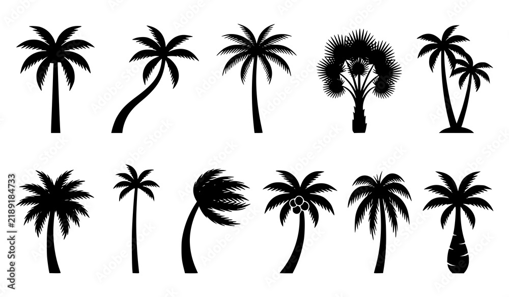 Naklejka premium Tropical Palm Tree Silhouettes Vector Set with Diverse Coconut Tree Shapes