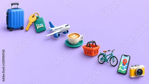 Colorful travel and daily life icons set with suitcase, keys, plane, coffee, shopping, bike, phone and camera