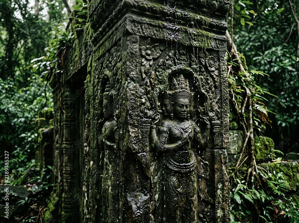Obraz premium Ancient Khmer stone carving of deity sculpture covered in moss at Ta Prohm temple ruins surrounded by tropical rainforest jungle foliage