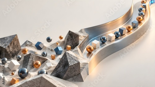 Isometric 3d illustration of stylized toy animals and geometric shapes on a gray grid background