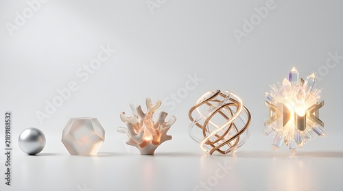 Five stylized geometric crystal shapes in modern design composition