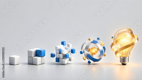 Creative process illustration from simple cube to glowing light bulb idea