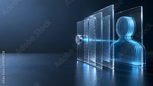 Futuristic digital silhouette of a person inside a transparent screen interface with glowing light