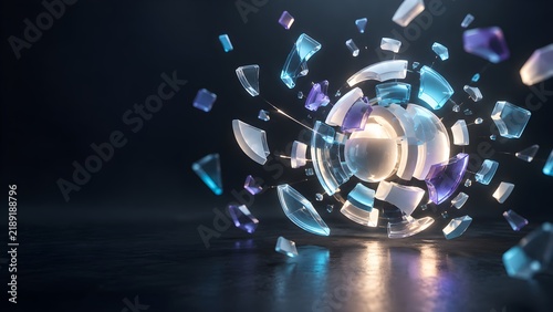 Shattered crystal fragments with prismatic light effects in dark space