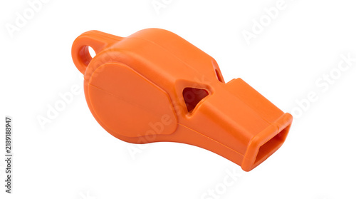 Orange plastic sports whistle, professional referee whistle for coaching and safety, vibrant emergency signal tool on white background