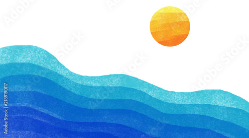 Layered blue and teal watercolor ocean waves rise with golden orange sun transparent, sea illustration for summer poster, travel banner, and greeting card.
