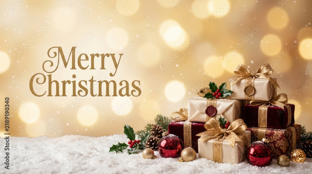 Obraz premium Elegant Merry Christmas greeting with festive gifts and golden bokeh lights