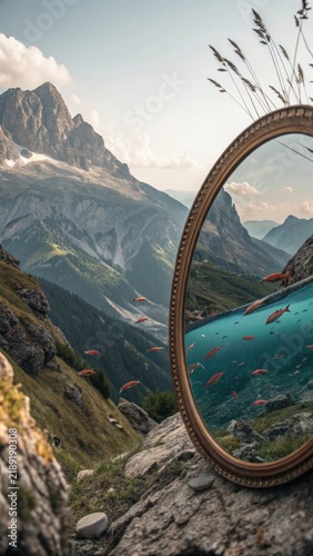 Panoramic view of a mountain landscape from a high peak with mountains, clouds, lake, forest, valley and clear summer sky and mirrored surreal landscape