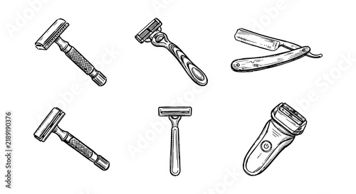 Bild auf Leinwand Collection of various razors depicted in a black and white vector illustration