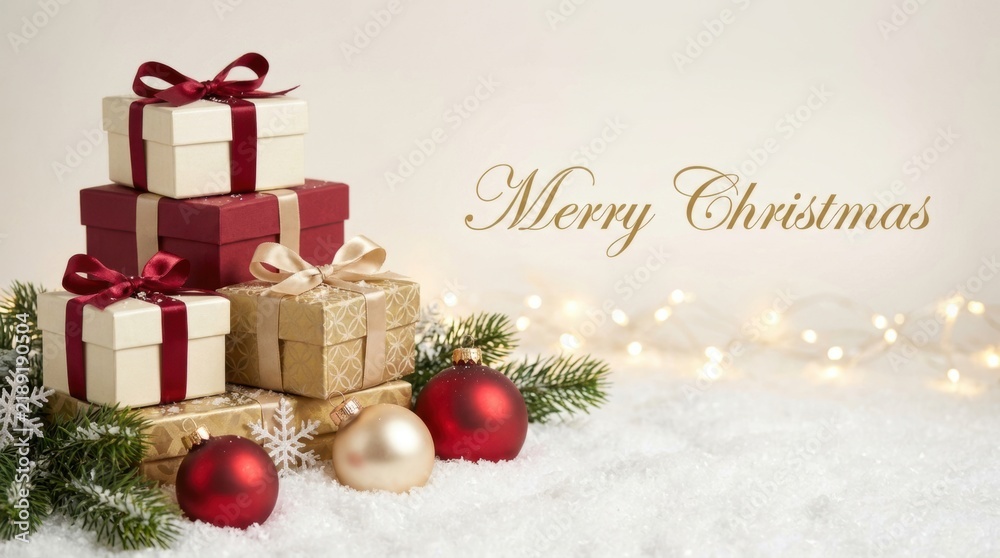 Fototapeta premium Festive Christmas gifts and ornaments arranged in the snow with warm lights