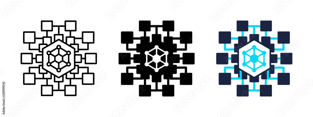 Fototapeta premium Blockchain network and decentralized data vector icon set featuring outline, solid black, and blue colored tech symbols