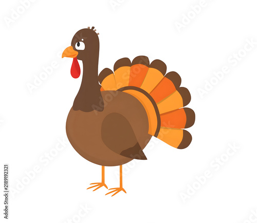 A cute and funny turkey character from the farm, illustrated in a cartoon vector style and set on a white background. This character is a symbol of Thanksgiving Day.