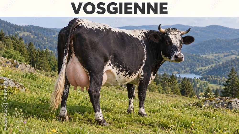 Obraz premium Hardy Vosgienne cattle from France, known for black-white markings and mountain dairy-beef farming.